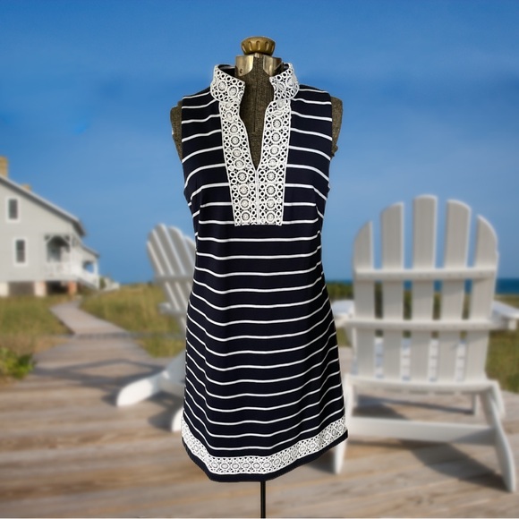 Eliza J Dresses & Skirts - Eliza J Navy White Striped Crochet Embroidered Trim Coastal Sheath Dress Size 8